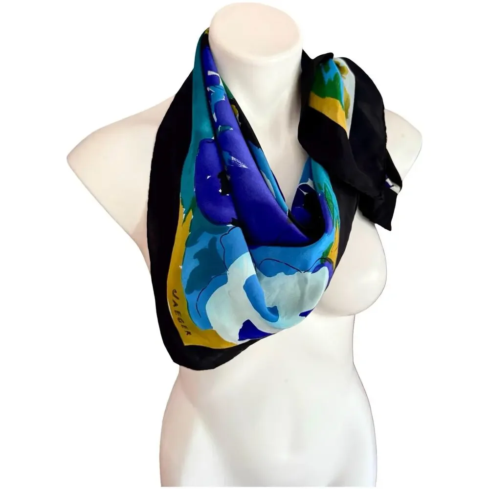 Jaeger 1980s Silk Scarf Blue Purple Abstract Floral 33x35 Made in Italy